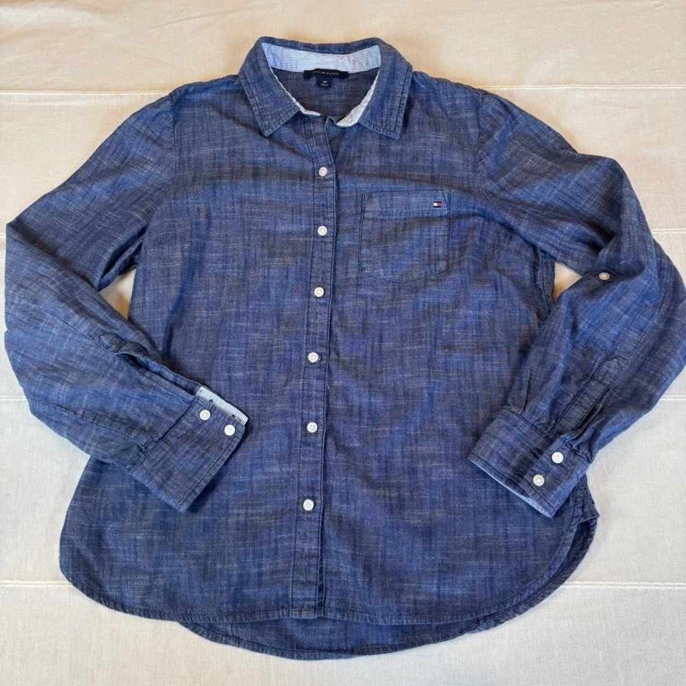 Tommy Hilfiger Womens Blue Cotton Chambray Button Down Shirt Small S/P